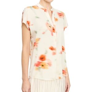 Vince Silk Poppy Blur Split Neck Top - Cream / Natural - Size M